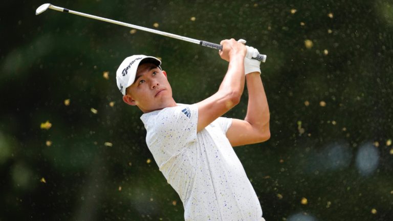 Collin Morikawa watches his shot on the 11th hole during the second round of the U.S. Open golf tournament at The Country Club, Friday, June 17, 2022, in Brookline, Mass. (Robert F. Bukaty/AP)