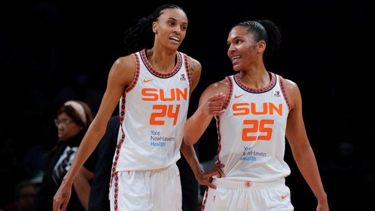 Connecticut Sun forward DeWanna Bonner (24) and forward Alyssa Thomas (25) speak during a time out in the first half during a WNBA basketball game against the New York Liberty, Tuesday, May 17, 2022, in New York. (John Minchillo/AP)