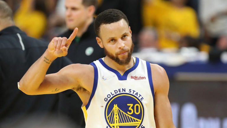 Golden State Warriors guard Stephen Curry (30) celebrates during the second half of Game 5 of basketball's NBA Finals against the Boston Celtics in San Francisco, Monday, June 13, 2022. (Jed Jacobsohn/AP Photo)