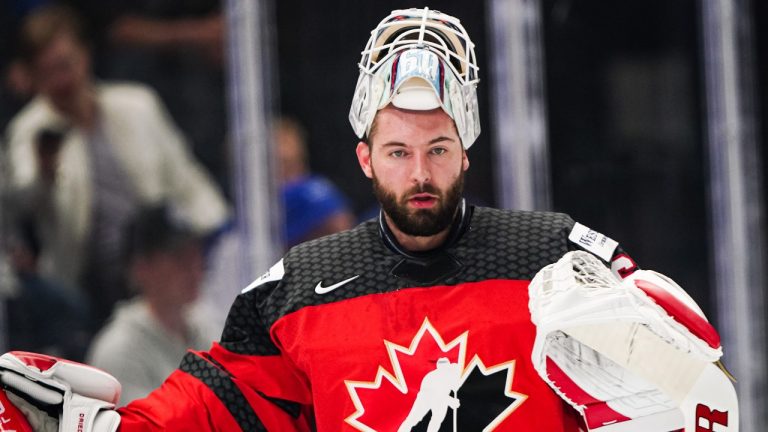 Chris Driedger during IIHF Ice Hockey World Championship semifinal action. (CP Photo)