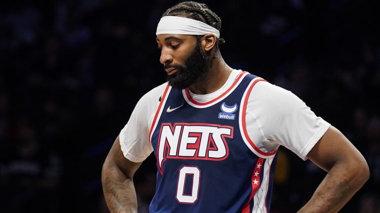 Brooklyn Nets center Andre Drummond (0) reacts to a referee call in the first half of an NBA basketball game against the Portland Trail Blazers, Friday, March 18, 2022, in New York. (John Minchillo/AP)