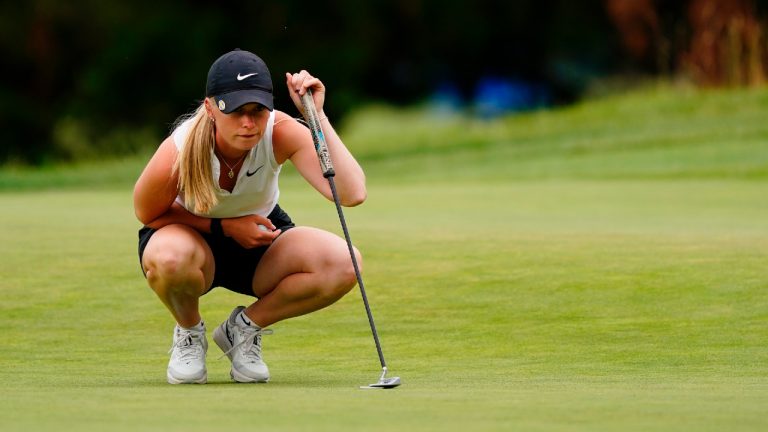 Frida Kinhult, of Switzerland, lines up her putt on the 13th green during the second round of the ShopRite LPGA Classic golf tournament, Saturday, June 11, 2022, in Galloway, N.J. (Matt Rourke/AP)