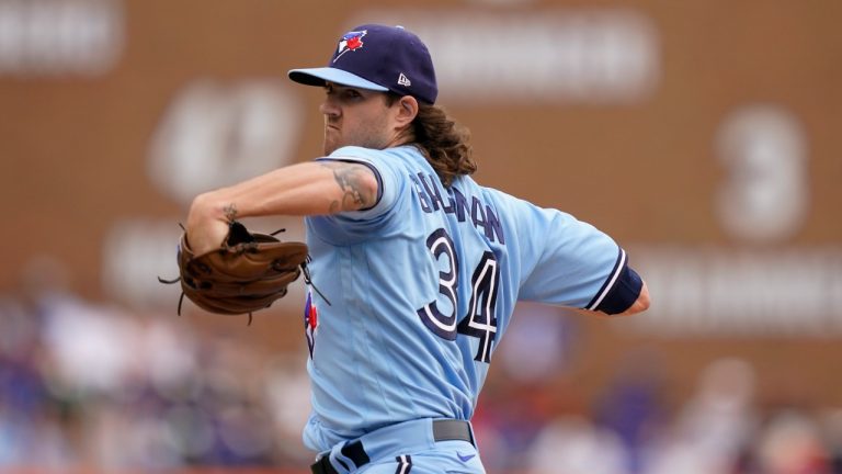 Toronto Blue Jays starting pitcher Kevin Gausman throws during the first inning of a baseball game against the Detroit Tigers, Saturday, June 11, 2022, in Detroit. (Carlos Osorio/AP Photo)