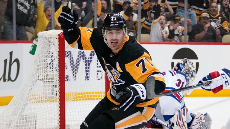 Pittsburgh Penguins' Evgeni Malkin (71) celebrates his goal against the New York Rangers during the second period in Game 6 of an NHL hockey Stanley Cup first-round playoff series in Pittsburgh, Friday, May 13, 2022. (Gene J. Puskar/AP)