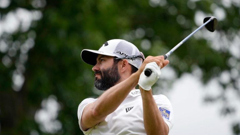 Adam Hadwin, of Canada, hits on the 13th hole during the second round of the U.S. Open golf tournament at The Country Club, Friday, June 17, 2022, in Brookline, Mass. (Charles Krupa/AP Photo)