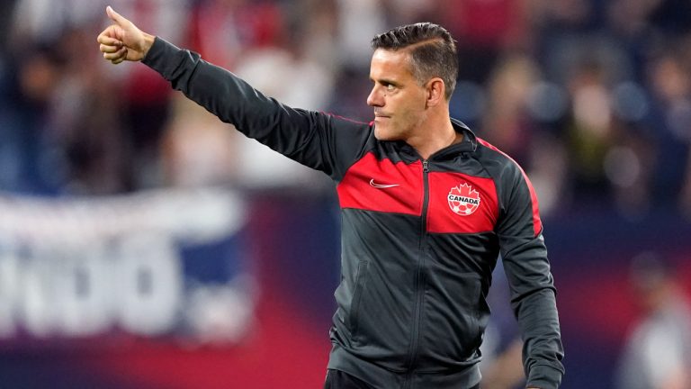 Canada head coach John Herdman salutes the crowd as he leaves the pitch following a 1-1 draw against the United States in a World Cup soccer qualifier Sunday, Sept. 5, 2021, in Nashville, Tenn. (Mark Humphrey/AP)