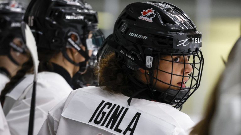 Jade Iginla looks on from the bench during a Canada's national women's under-18 team inter-squad game in Calgary, Alta., Friday, May 27, 2022. (Jeff McIntosh/CP)