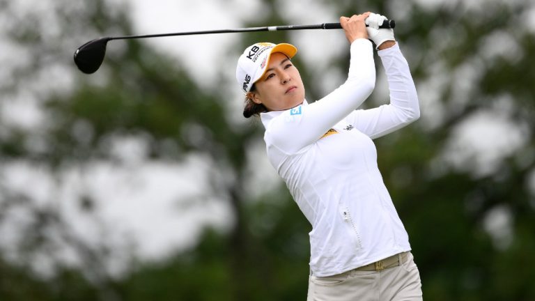 In Gee Chun, of South Korea, tees off on the fourth hole during the first round in the Women's PGA Championship golf tournament at Congressional Country Club, Thursday, June 23, 2022, in Bethesda, Md. (Nick Wass/AP)