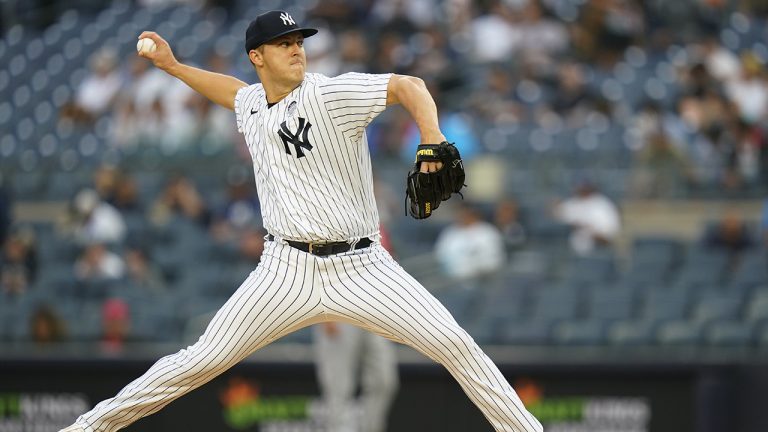 New York Yankees' Jameson Taillon pitches during the first inning in the second baseball game of the team's doubleheader against the Los Angeles Angels. (Frank Franklin II/AP)