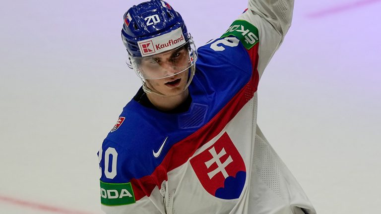 Slovakia's Juraj Slafkovsky celebrates after scoring a penalty during the group A Hockey World Championship match between Kazakhstan and Slovakia in Helsinki, Finland. (AP Photo/Martin Meissner)