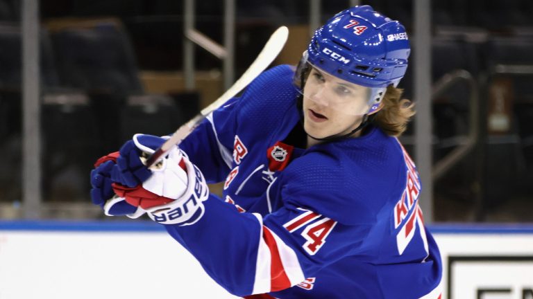 New York Rangers' Vitali Kravtsov warms up for the team's NHL hockey game against the Pittsburgh Penguins on Tuesday, April 6, 2021, in New York. (Bruce Bennett/Pool Photo via AP)