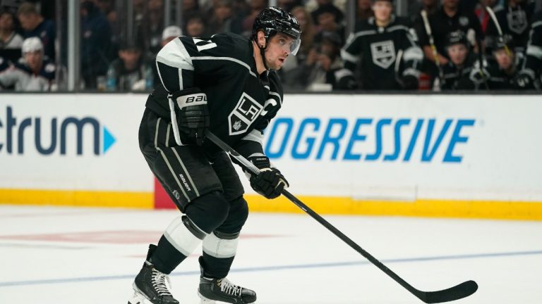 Los Angeles Kings center Anze Kopitar (11) controls the puck during the second period of an NHL hockey game against the Columbus Blue Jackets Saturday, April 16, 2022, in Los Angeles. (Ashley Landis/AP)