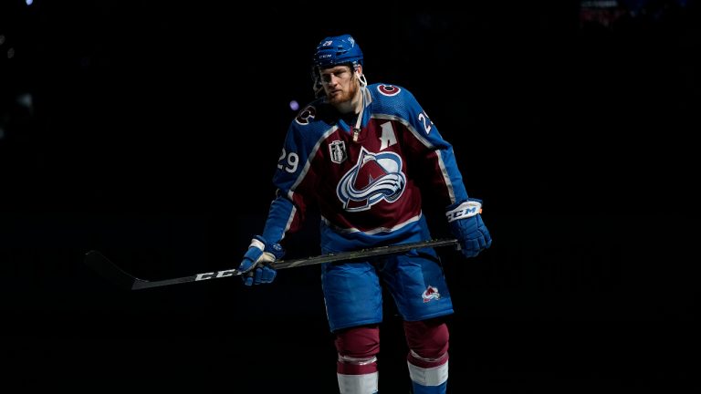 Colorado Avalanche centre Nathan MacKinnon (29) warms up for Game 1 of the team's NHL hockey Stanley Cup Final against the Tampa Bay Lightning on Wednesday, June 15, 2022, in Denver. (John Locher/AP)