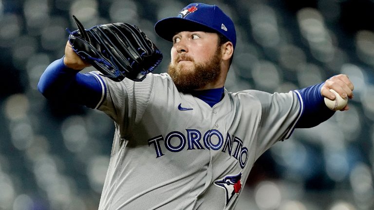 Toronto Blue Jays relief pitcher Matt Gage throws during the ninth inning of a baseball game against the Kansas City Royals Tuesday, June 7, 2022, in Kansas City, Mo. The Blue Jays won 8-0. (Charlie Riedel/AP)