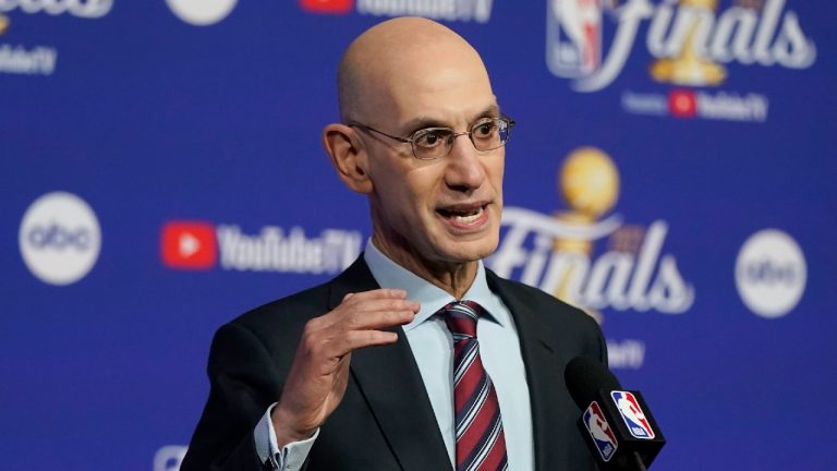 NBA Commissioner Adam Silver speaks at a news conference before Game 1 of basketball's NBA Finals between the Golden State Warriors and the Boston Celtics in San Francisco, Thursday, June 2, 2022. (Jeff Chiu/AP)