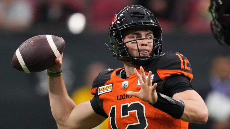 B.C. Lions quarterback Nathan Rourke passes during the first half of a pre-season CFL football game against the Saskatchewan Roughriders in Vancouver, B.C., Friday, June 3, 2022. (Darryl Dyck/CP)