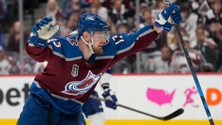 Colorado Avalanche right wing Valeri Nichushkin celebrates his goal against the Tampa Bay Lightning during the second period in Game 2 of the NHL hockey Stanley Cup Final. (John Locher/AP)