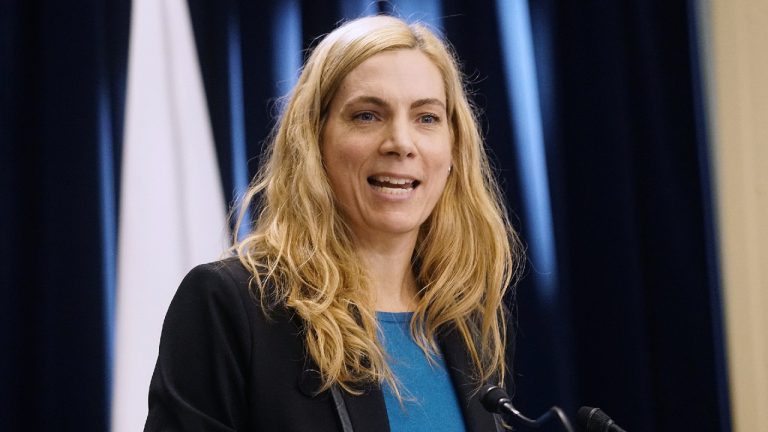 Federal Minister Pascale St-Onge at a press conference in Montreal, Quebec, Monday, March 14, 2022. (Mario Beauregard/CP)