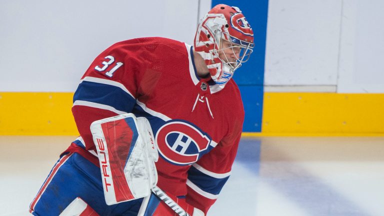 Montreal Canadiens goaltender Carey Price during an NHL hockey game against the New York Islanders in Montreal, Friday, April 15, 2022. (Graham Hughes/CP)