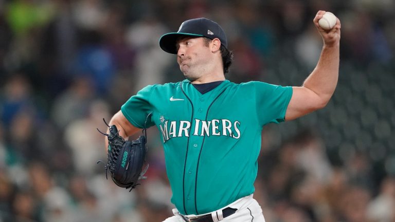 Seattle Mariners starting pitcher Robbie Ray throws against the Los Angeles Angels during the first inning of a baseball game, Friday, June 17, 2022, in Seattle. (Ted S. Warren/AP Photo)