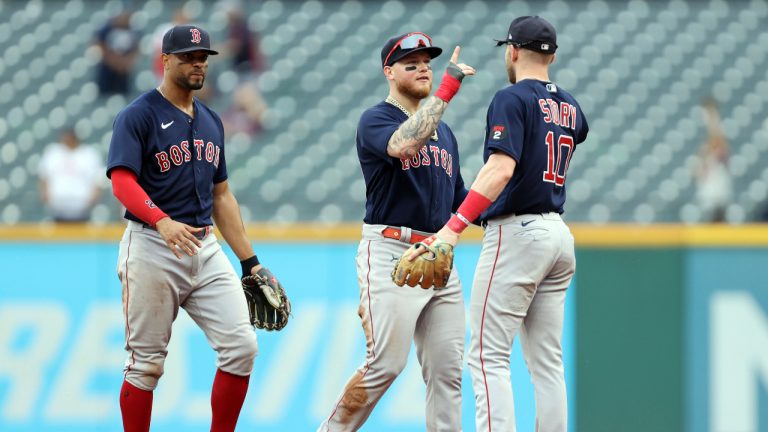 Boston Red Sox players celebrate after defeating the Cleveland Guardians in a baseball game in Cleveland, Sunday, June 26, 2022. (Joshua Gunter/AP)