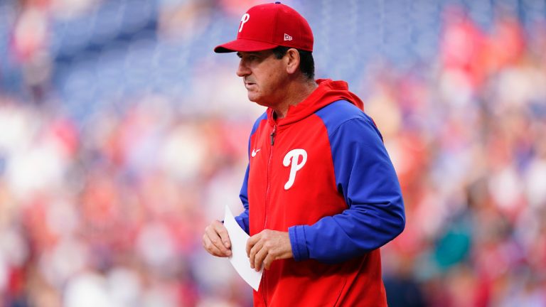 Philadelphia Phillies interim manager Rob Thomson walks to exchange line ups before a baseball game against the Los Angeles Angels, Friday, June 3, 2022, in Philadelphia. (Matt Slocum/AP)