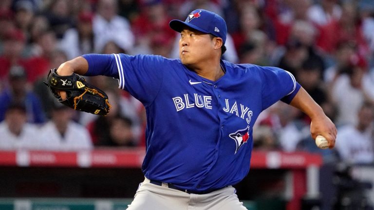 Toronto Blue Jays starting pitcher Hyun Jin Ryu throws to the plate during the third inning of a baseball game against the Los Angeles Angels Thursday, May 26, 2022, in Anaheim, Calif. (Mark J. Terrill/AP Photo)