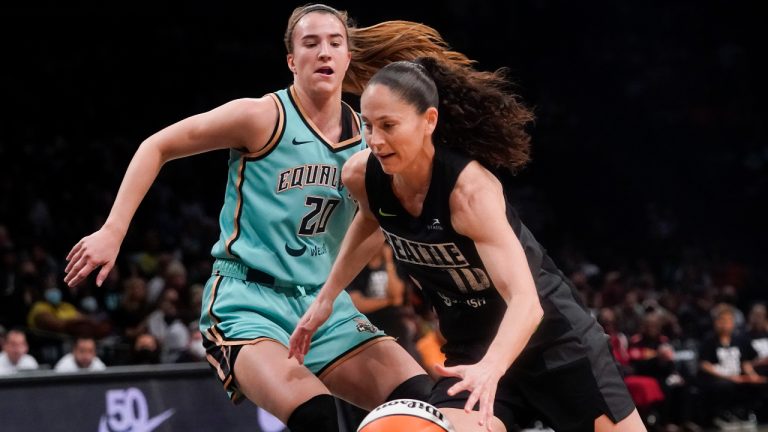 Seattle Storm guard Sue Bird (10) drives against New York Liberty guard Sabrina Ionescu (20) during the first half of WNBA basketball game Sunday, June 19, 2022 at Madison Square Garden in New York. (Mary Altaffer/AP)