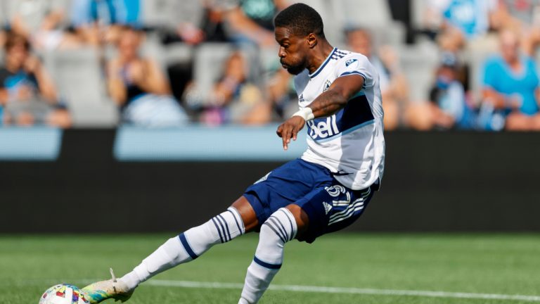 Vancouver Whitecaps striker Tosaint Ricketts scores against Charlotte FC in the second minute of the first half of an MLS soccer match in Charlotte, N.C., Sunday, May 22, 2022. (Nell Redmond/AP)