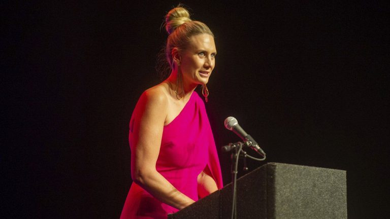 Penny Taylor speaks during the Women's Basketball Hall of Fame induction ceremony in Knoxville, Tenn., Saturday, June 11, 2022. (Jamar Coach/Knoxville News Sentinel via AP)