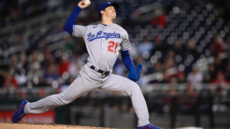 Los Angeles Dodgers starting pitcher Walker Buehler throws during the third inning of a baseball game against the Washington Nationals, Tuesday, May 24, 2022, in Washington. (Nick Wass/AP)