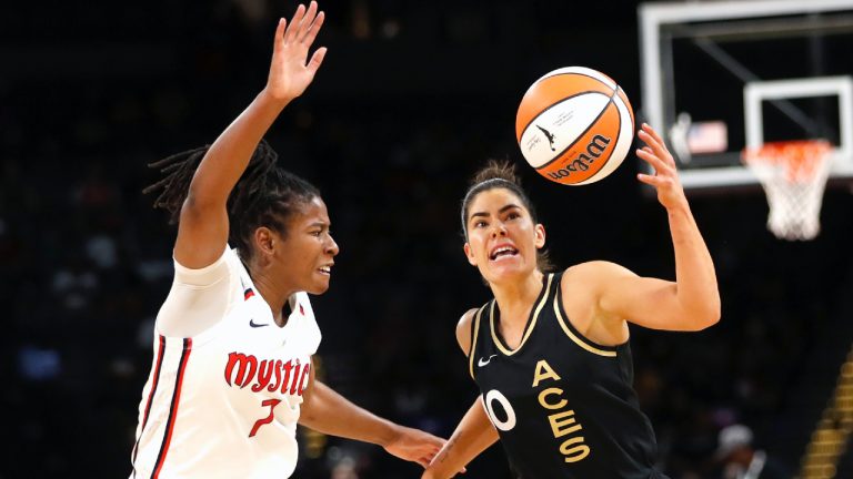 Washington Mystics guard Ariel Atkins (7) guards against Las Vegas Aces guard Kelsey Plum (10) during the first half of a WNBA basketball game Saturday, June 25, 2022, in Las Vegas. (Steve Marcus/AP)