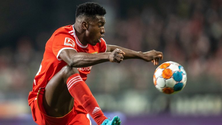 Union Berlin's Taiwo Awoniyi controls the ball, during the German Bundesliga soccer match between Union Berlin and Cologne, in Berlin, Friday, April 1, 2022. (Andreas Gora/dpa via AP)