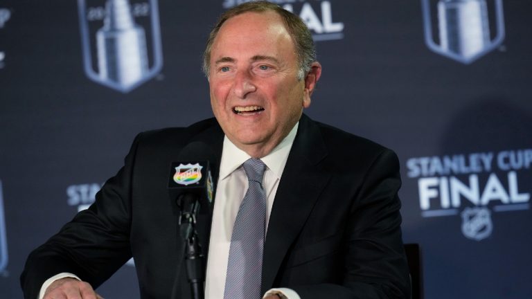 NHL Commissioner Gary Bettman speaks during a news conference before Game 1 of the NHL Hockey Stanley Cup Finals between the Tampa Bay Lightning and the Colorado Avalanche on Wednesday, June 15, 2022, in Denver. (David Zalubowski/AP)