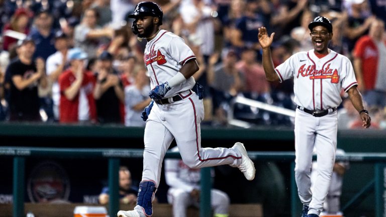 Atlanta Braves' Michael Harris II heads home to score on a home run during the sixth inning of the team's baseball game against the Washington Nationals on Tuesday, June 14, 2022, in Washington. (Julia Nikhinson/AP)