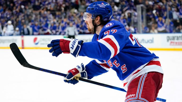 New York Rangers' Filip Chytil celebrates goal against the Tampa Bay Lightning during the second period of Game 1 of the NHL hockey Stanley Cup playoffs Eastern Conference finals Wednesday, June 1, 2022, in New York. (Frank Franklin II/AP)