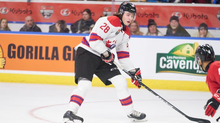 Team White’s Conor Geekie of the Winnipeg ICE breaks in on net during the 2022 Kubota CHL/NHL Top Prospects game in Kitchener, Ontario on Wednesday, March 23, 2022. (Geoff Robins/CP)