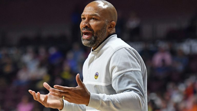 Los Angeles Sparks head coach Derek Fisher argues a call during play against the Connecticut Sun during a WNBA basketball game Saturday, May 14, 2022, in Uncasville, Conn. (Sean D. Elliot/The Day via AP)