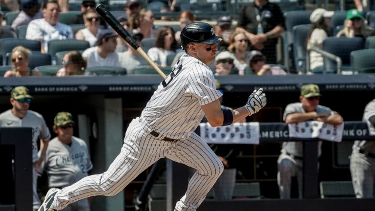 New York Yankees third baseman Josh Donaldson (28) makes a swinging strike on a pitch during the third inning of a baseball game against Chicago White Sox, Saturday May 21, 2022, in New York. (Bebeto Matthews/AP)