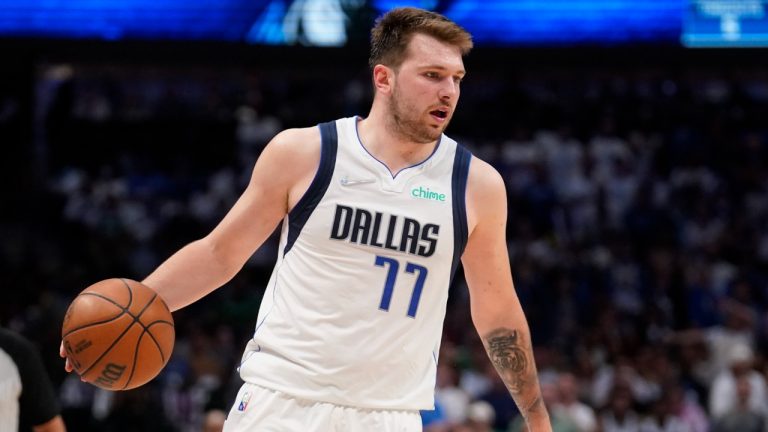 Dallas Mavericks guard Luka Doncic controls the ball during the first half of Game 4 of the NBA basketball playoffs Western Conference finals against the Golden State Warriors, Tuesday, May 24, 2022, in Dallas. (Tony Gutierrez/AP)