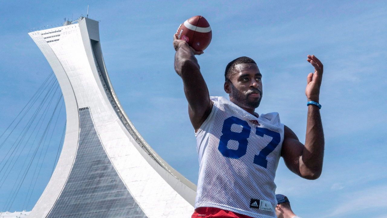 Montreal Alouettes wide receiver Eugene Lewis warms up on a field next to the Olympic Stadium during training camp in Montreal on Friday, May 25, 2018. (Paul Chiasson/CP) 