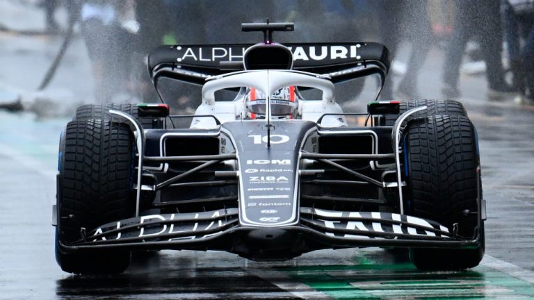 AlphaTauri driver Pierre Gasly pulls out of the pits during qualifying for the Formula One Canadian Grand Prix auto race in Montreal, Saturday, June 18, 2022. (Jim Watson/Pool Photo via AP)