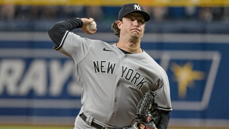 New York Yankees starter Gerrit Cole pitches against the Tampa Bay Rays during the first inning of a baseball game Monday, June 20, 2022, in St. Petersburg, Fla. (Steve Nesius/AP)