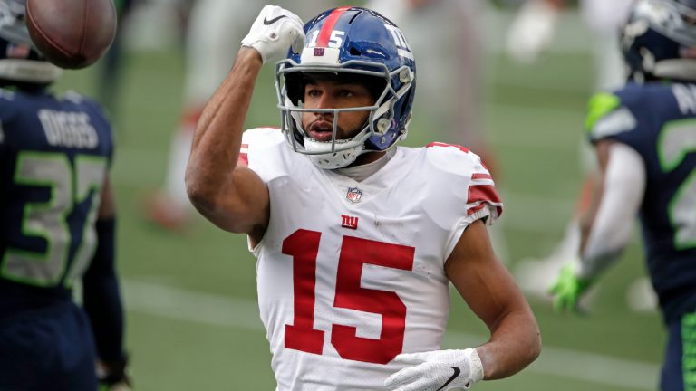 New York Giants wide receiver Golden Tate tosses the ball after a play against the Seattle Seahawks during the first half of an NFL football game, Sunday, Dec. 6, 2020, in Seattle. (Larry Maurer/AP)