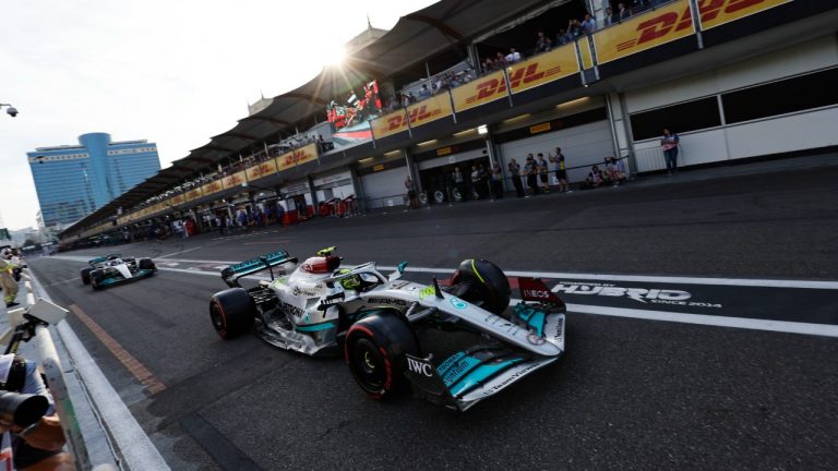 Mercedes driver Lewis Hamilton of Britain steers his car during the qualifying session at the Baku circuit, in Baku, Azerbaijan, Saturday, June 11, 2022. The Formula One Grand Prix will be held on Sunday. (Hamad Mohammed, Pool Via AP)