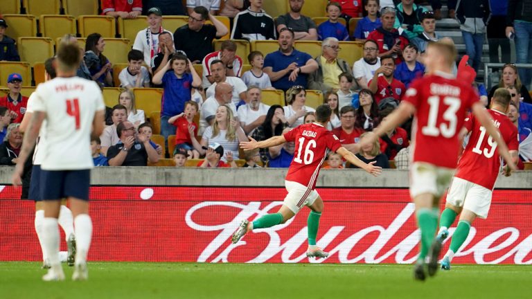 Hungary's Daniel Gazdag, center, jubilates after scoring his sides fourth goal during the UEFA Nations League soccer match between England and Hungary at the Molineux stadium in Wolverhampton. (Jon Super/AP)