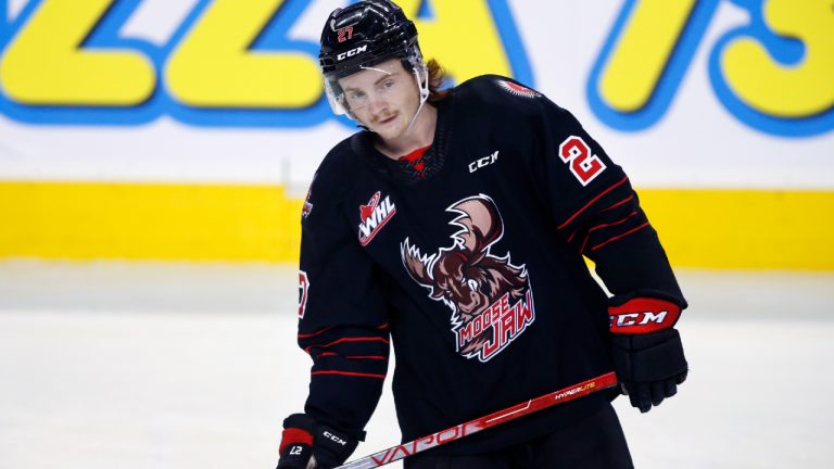 Profile photo on Moose Jaw Warriors player Jagger Firkus during WHL (Western Hockey League) hockey action against the Calgary Hitmen in Calgary, Alta., on Jan. 23, 2022. (Larry MacDougal/CP)