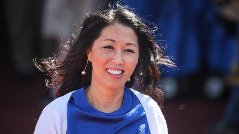 FILE - Buffalo Bills owner Kim Pegula smiles before an NFL football game against the Washington Football Team Sunday, Sept. 26, 2021, in Orchard Park, N.Y. (Jeffrey T. Barnes/AP)