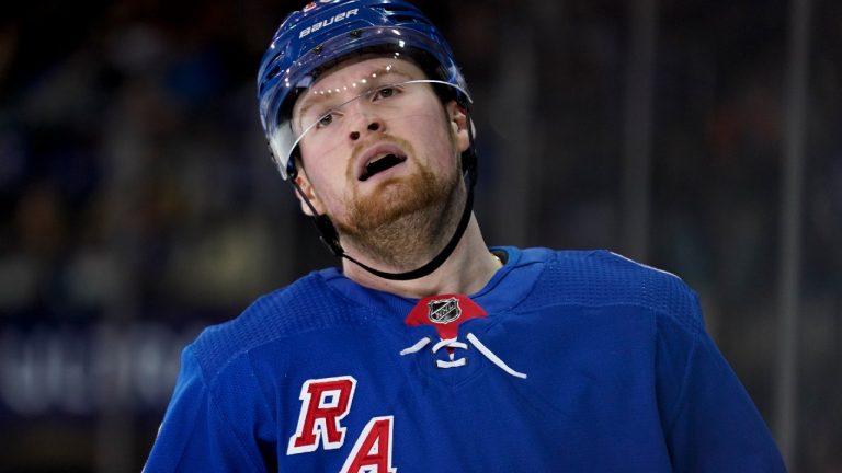 Rangers winger Alexis Lafrenière, pictured, combined with linemates Filip Chytil and Kaapo Kakko for five points in Game 1 of the Eastern Conference Final on Wednesday. (John Minchillo/AP)