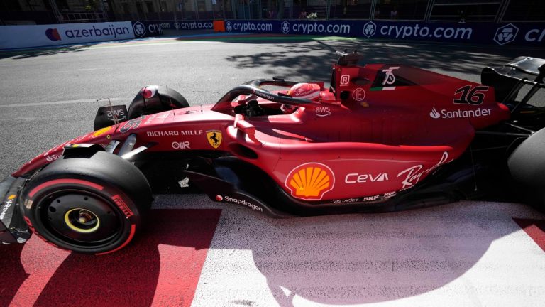 Ferrari driver Charles Leclerc of Monaco steers his car during the third free practice at the Baku circuit, in Baku, Azerbaijan, Saturday, June 11, 2022. The Formula One Grand Prix will be held on Sunday. (Sergei Grits/AP)